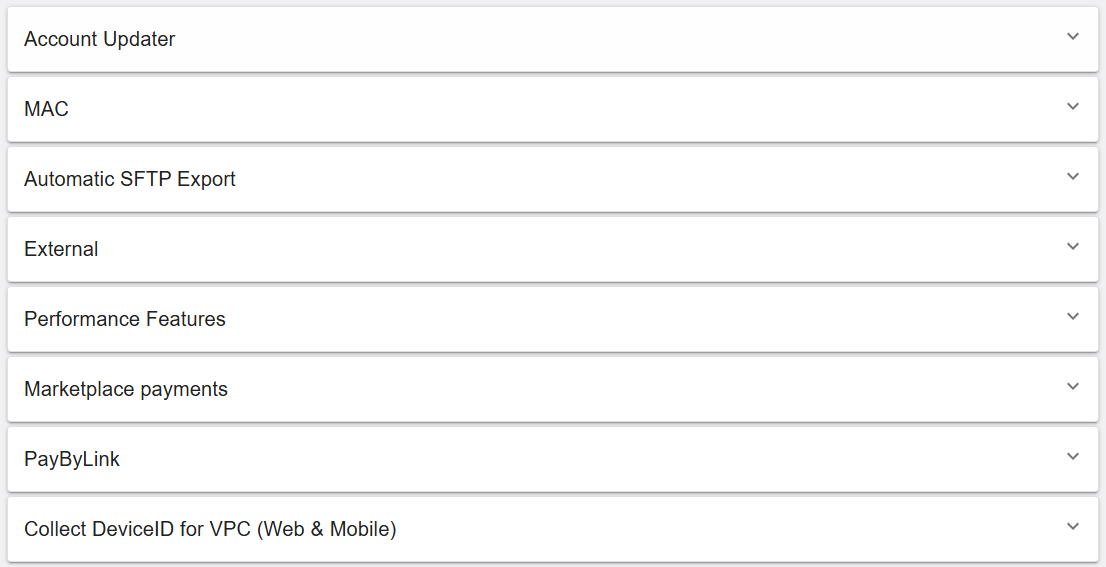 Processing Features – list of collapsed sections
