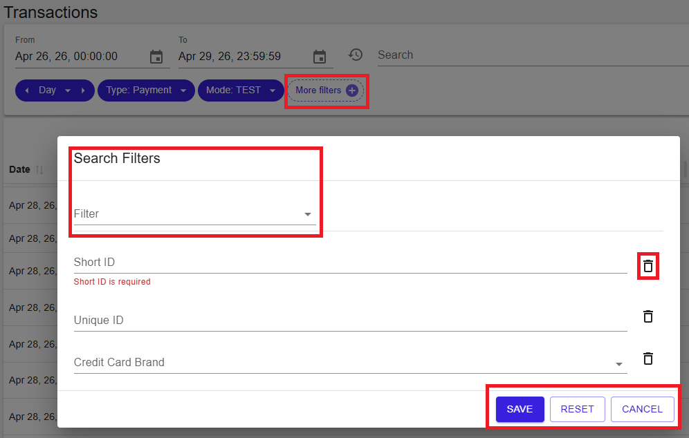 Transactions advanced filters